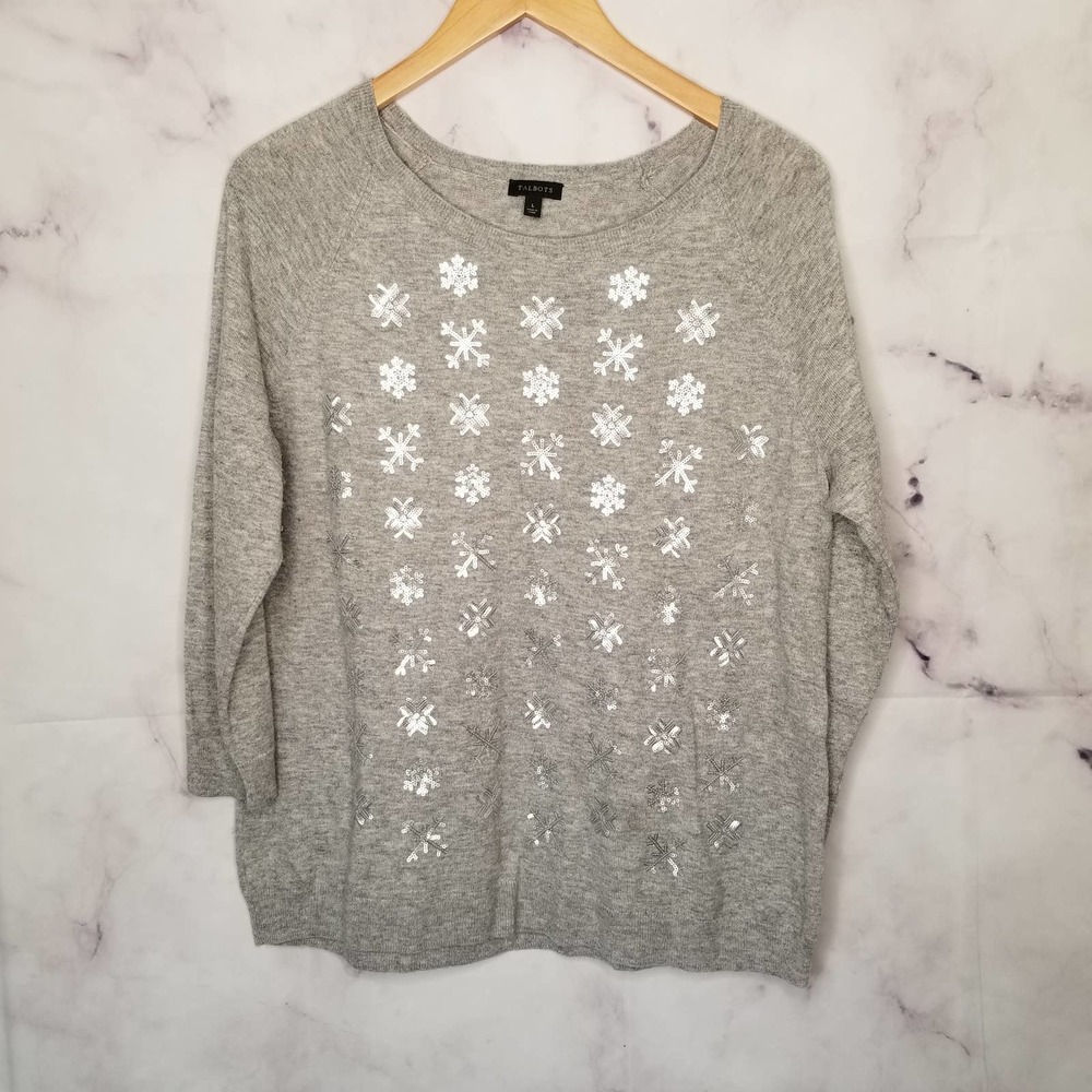 TALBOTS snowflake sequined gray sweater L
